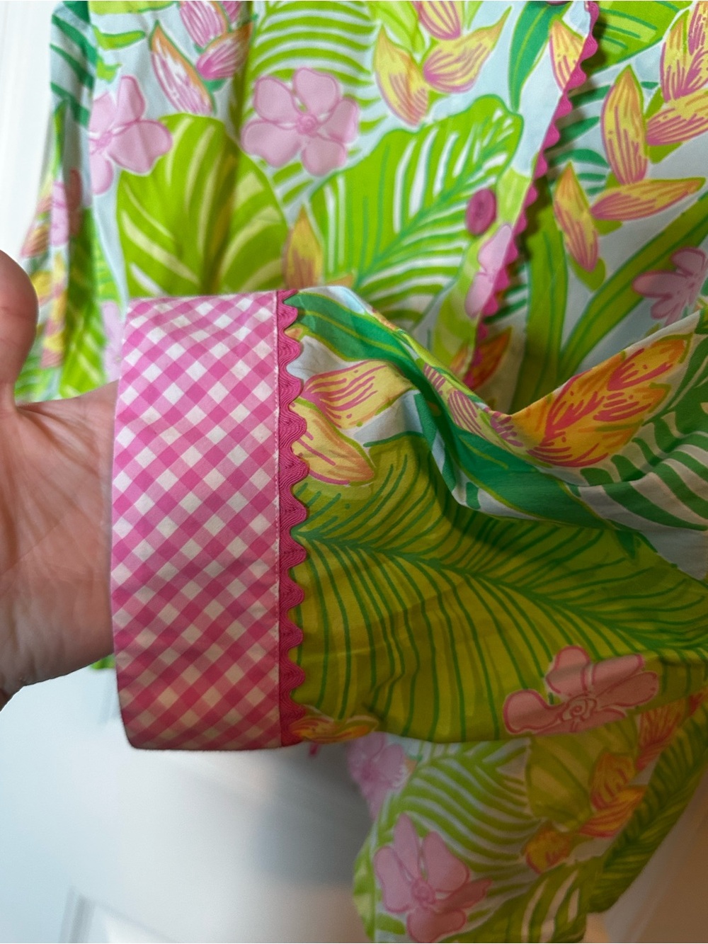 Lilly Pulitzer Green Tropical Floral Gingham Button-Front Women's Top size L - Picture 5 of 8